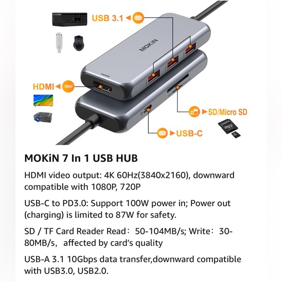 USB C Hub, USB C Adapter for MacBook Pro, 7 in 1 Multiport Mac Dongle w/4K/60Hz - Picture 5 of 12